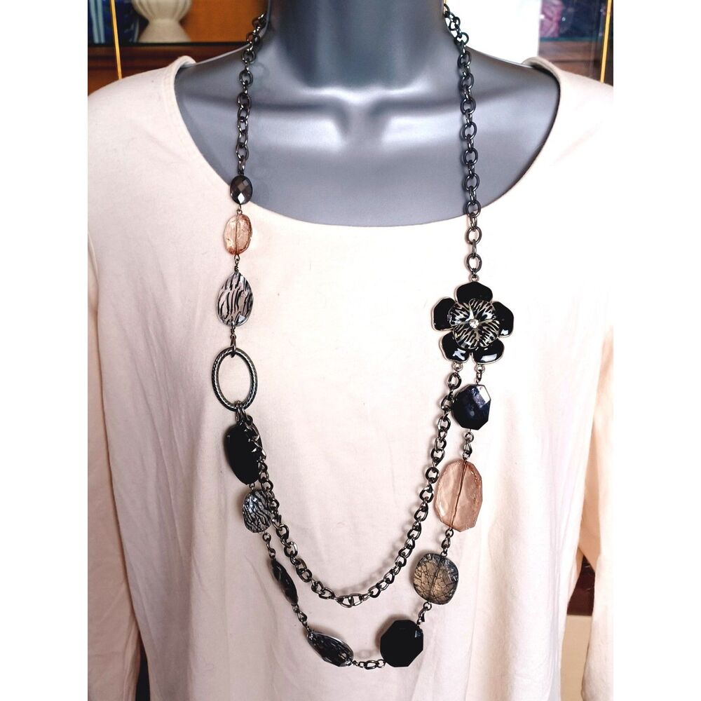 NY Collection Layered Flower Accent Lucite Zebra Stripe Beads Vintage Necklace - Picture 7 of 9